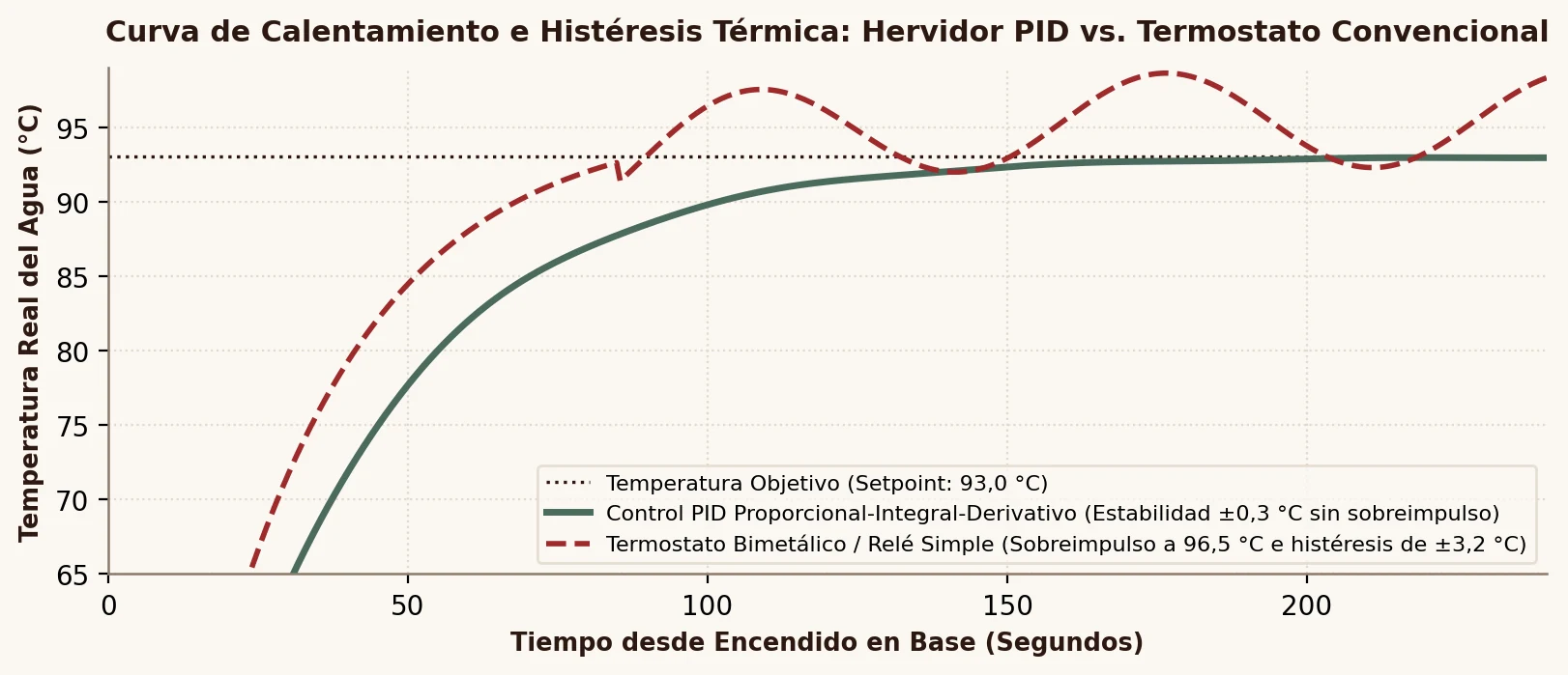 Curvas de histéresis y estabilidad térmica PID en hervidores eléctricos de barismo grado a grado.