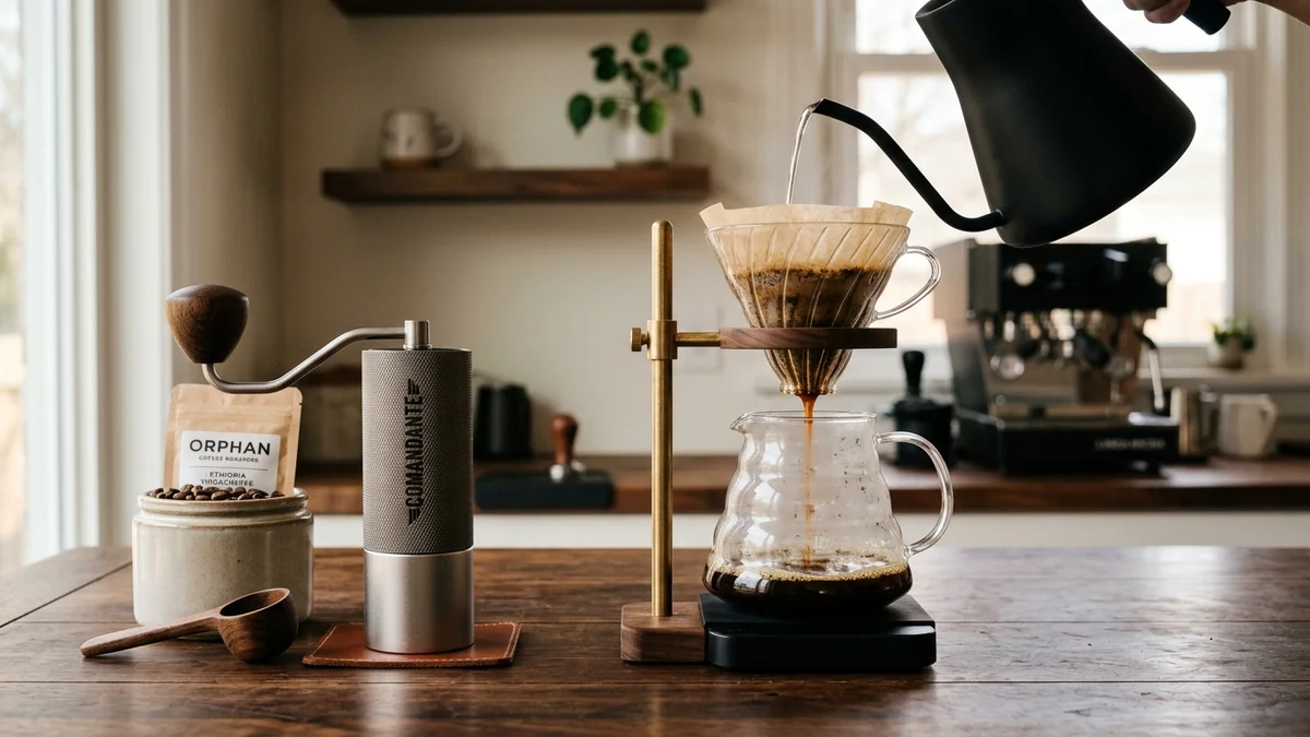 Estación de café de especialidad con molinillo manual, V60 y hervidor de cuello de cisne